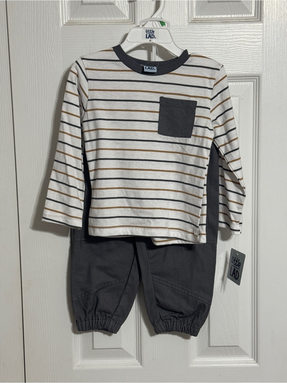 Little Lad Cream Striped Top & Charcoal Pant Kids Matching Set